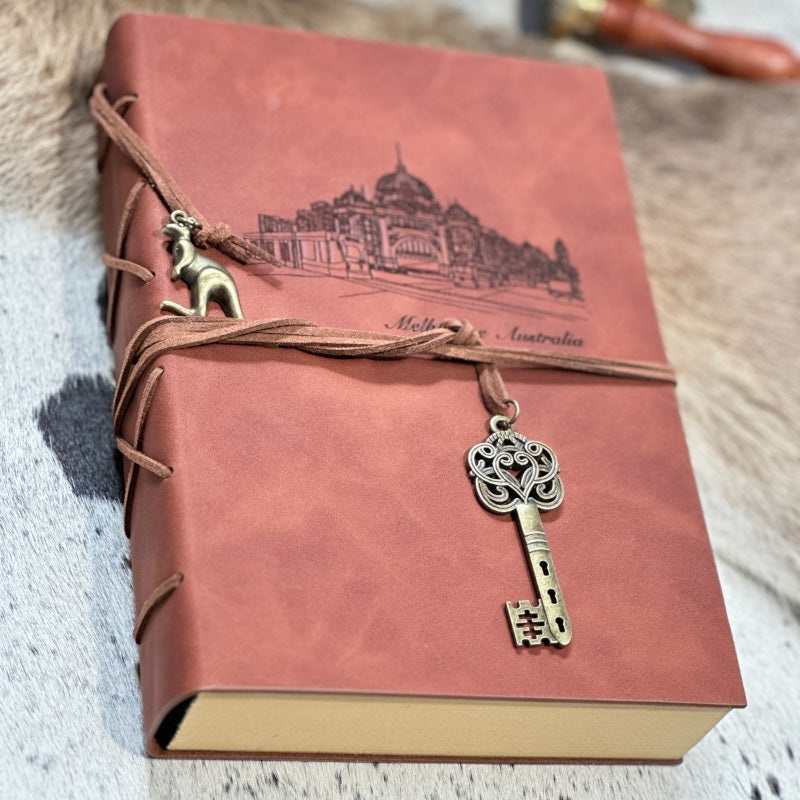 Personalised Vintage Vegan Leather-Bound Journal with Recycle Paper and Charming Key Accents