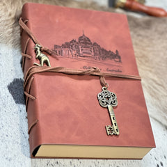 Personalised Vintage Vegan Leather-Bound Journal with Recycle Paper and Charming Key Accents