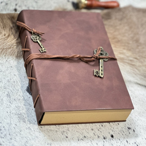 Personalised Vintage Vegan Leather-Bound Journal with Recycle Paper and Charming Key Accents