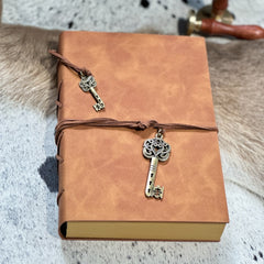Personalised Vintage Vegan Leather-Bound Journal with Recycle Paper and Charming Key Accents