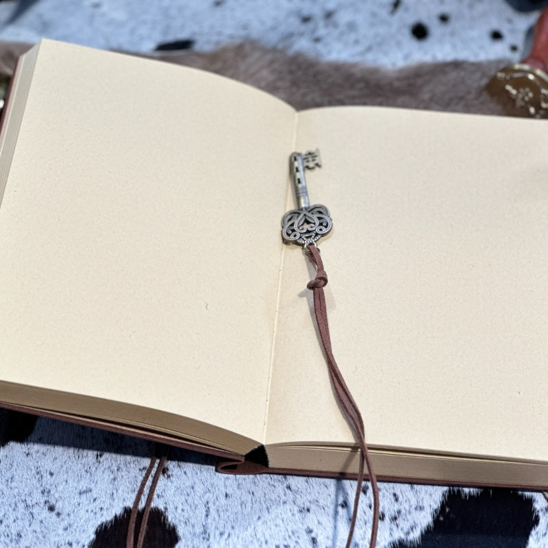 Personalised Vintage Vegan Leather-Bound Journal with Recycle Paper and Charming Key Accents
