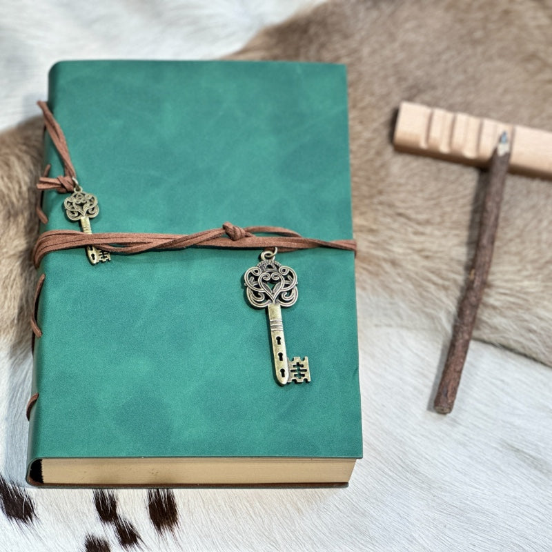 Personalised Vintage Vegan Leather-Bound Journal with Recycle Paper and Charming Key Accents