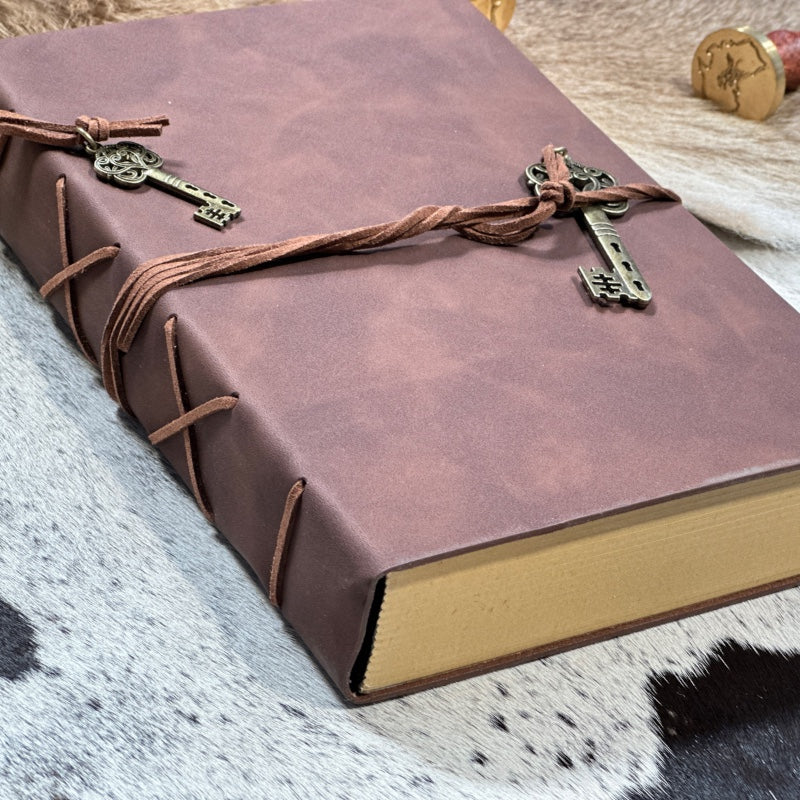 Personalised Vintage Vegan Leather-Bound Journal with Recycle Paper and Charming Key Accents