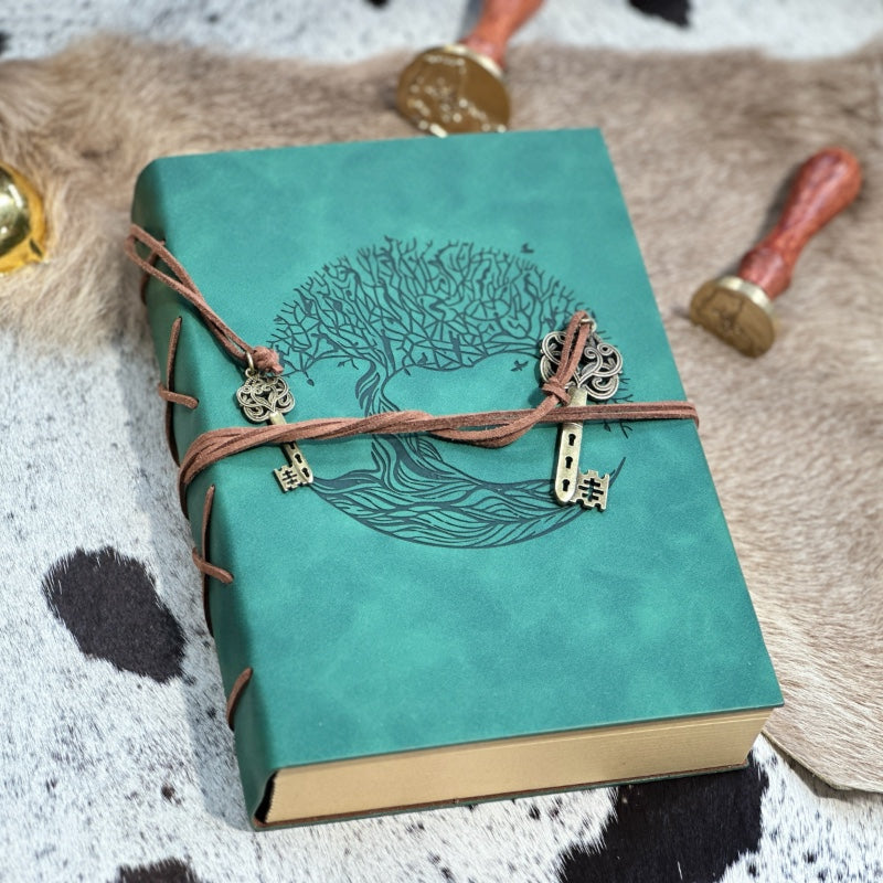 Personalised Vintage Vegan Leather-Bound Journal with Recycle Paper and Charming Key Accents